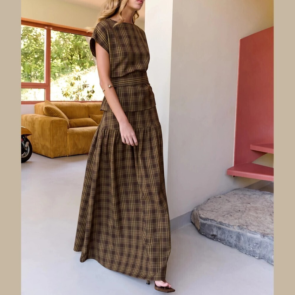Brown Plaid Round Neck Cap Sleeve Top and Tiered Maxi Skirt Set